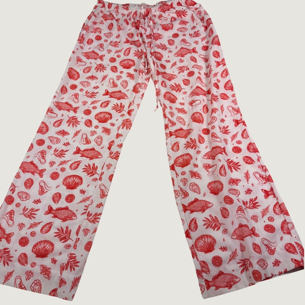 No Comment Fish Print Wide Leg Pants M White Red Nautical Shells coastal Flaw